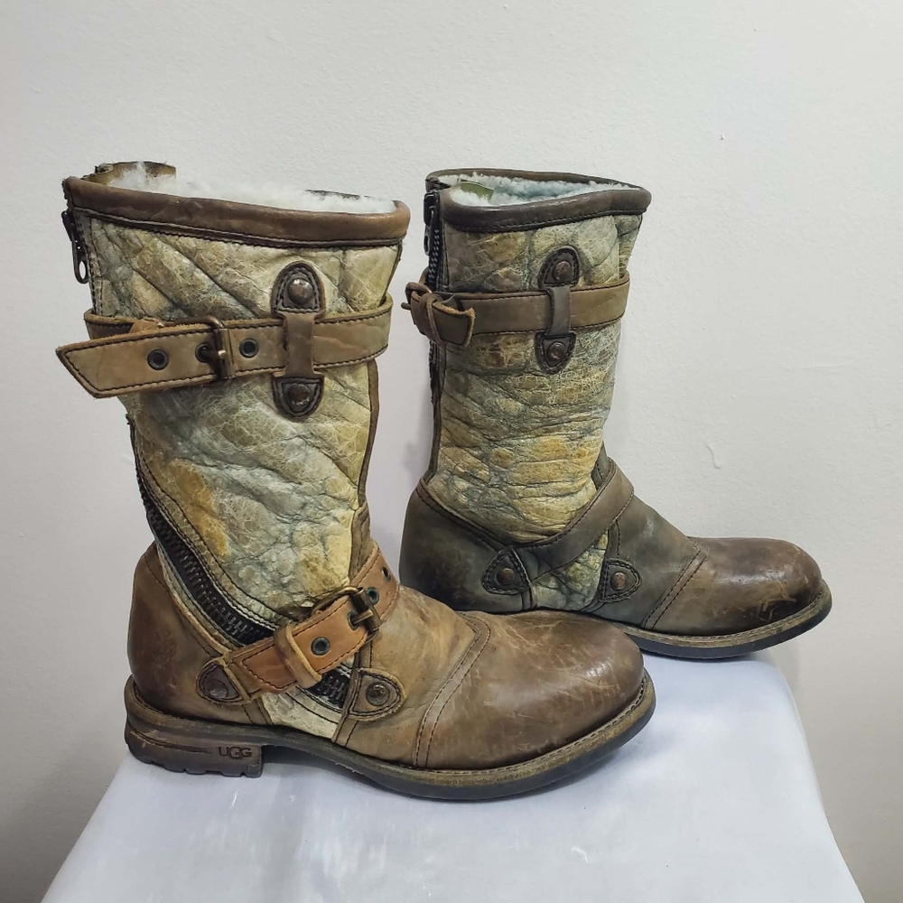 UGG Green Leather Shearling-Lined Mid Boots 7